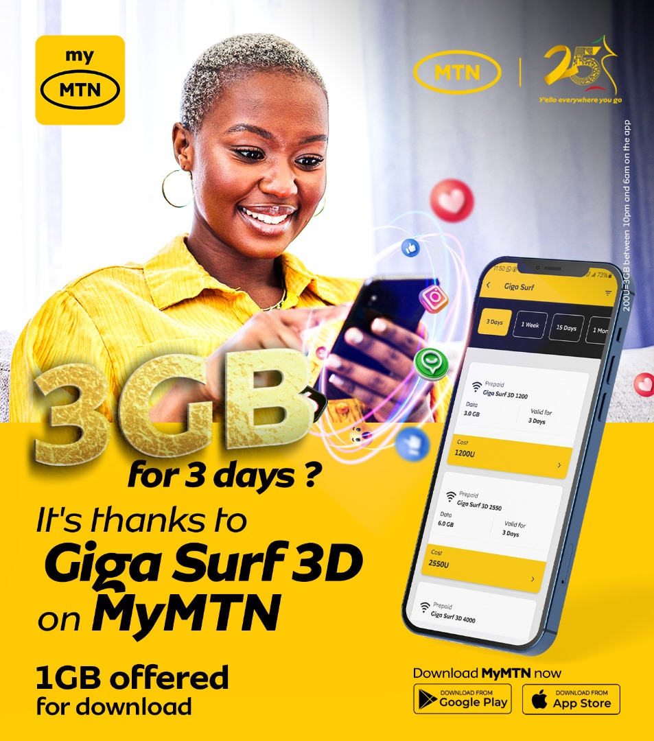 MTNCameroon's tweet photo. 3GB for 3 days, sounds good? 🌟
Surf without limits with Giga Surf 3D on MyMTN!
Download MyMTN here: https://t.co/Xd3MdEPd0t and enjoy 1 GB upon download!
#ReseauIndomptable
#IndomitableNetwork
#25yrsOfAuthenticConnection https://t.co/KzkiIA7r9A