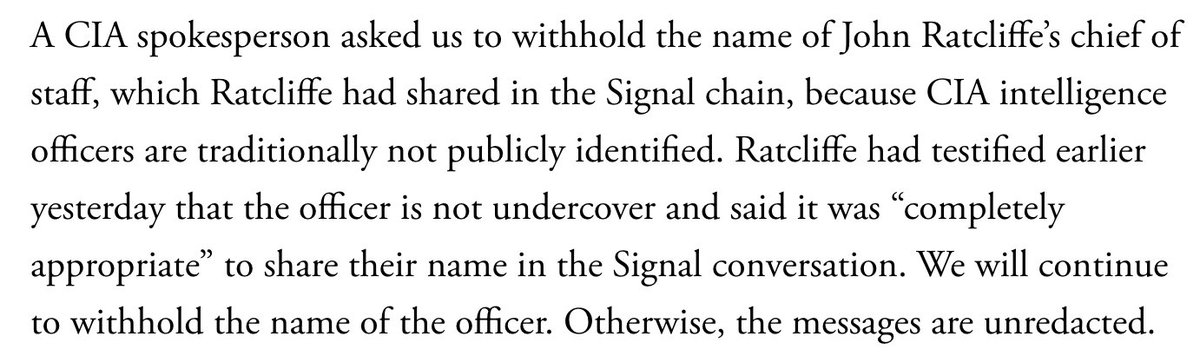 <a href="/JDVance/">JD Vance</a> This is extremely misleading, not least of all because a CIA spokesperson asked us yesterday not to publish that person's name. And, to be clear, The Atlantic has continued to withhold publication of that person's name. From the story: