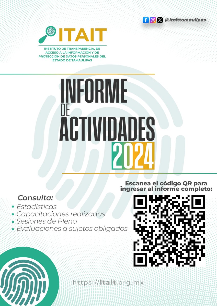 El <a href="/ITAITTamaulipas/">ITAIT</a> pone a tu disposición el Informe de Actividades 2024, con las acciones realizadas por el Pleno integrado por la Comisionada Presidenta <a href="/DulceRochaTam/">Dulce Rocha</a>, la Comisionada Rosalba Robinson Terán y el Comisionado Luis Mendiola Padilla.

 📌bit.ly/InformeDeLabor…
