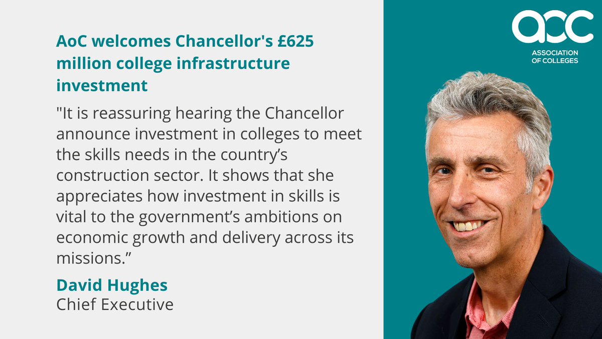 Association of Colleges (AoC) (@aoc_info) on Twitter photo "It will open up thousands of opportunities for young people and adults to get the skills they need and which employers are crying out for." - <a href="/AoCDavidH/">David Hughes CBE</a> welcomes the Chancellor's £625 million college infrastructure investment. Read our full response here: aoc.co.uk/news-campaigns… "It will open up thousands of opportunities for young people and adults to get the skills they need and which employers are crying out for." - <a href="/AoCDavidH/">David Hughes CBE</a> welcomes the Chancellor's £625 million college infrastructure investment. Read our full response here: aoc.co.uk/news-campaigns…