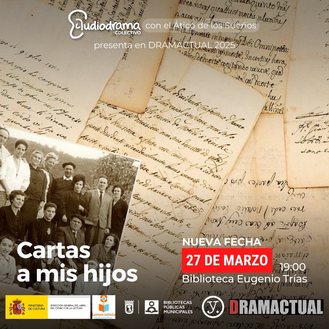 Mañana, jueves 27 de marzo, si las condiciones meteorológicas lo permiten, Audiodrama Colectivo presentará en DRAMACTUAL 2025 "Cartas a mis hijos". 
Será en el Taller de Ideas de la Biblioteca Eugenio Trías de Madrid. 
Entrada libre hasta cubrir aforo. 
ℹ️acortar.link/RyWkkB