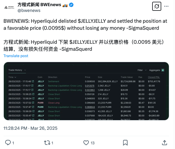 yuyue_chris's tweet photo. Jelly 围猎 Hyperliquid 这件事对 CEX 来说是战略意义，对去中心化 perp 带来的价值也是积极的

1. 事实证明，高级别的资金还是需要 CEX 的成熟体系来保护
- 包括机制、风控和账号体系等等，去中心化 perp 还需要更近一步进化才能追上，CEX 有多安全，这里无需赘述了
- 比如币安还有能力让 @movementlabsxyz 罚款，去中心化合约所并不能

2. 为什么我说对去中心化 perp 带来的价值也是积极的？
我和 @Gink5814 老师多次讨论，并且之前在 space 上也建议过类似机制的优化，去中心化 perp 需要的是更成熟的 ZK 解决方案
https://t.co/JL57ZZLaNM

ZK 不是去中心化吗？是啊，可是 @chameleon_jeff 并没有做好这些来保护用户，从第一波 HLP 的问题出现开始，他做的只有一些仿中心化交易所的措施，毫无产品层面的去中心化机制迭代优化

抛开去中心化叙事，Hyperliquid 作为一个去中心化 perp 交易所需要时间来证明自己，$JELLYJELLY 的事本质上来说是让 Hyperliquid 进退维谷：

- 如果 Hyperliquid 坚守去中心化，那就必须认亏 10m
- 如果 Hyperliquid 不坚守去中心化，直接赖账，那么他去中心化的叙事还成立吗？

目前看，Hyperliquid @HyperliquidX 选择的是「生存」——去中心化叙事不要了，保存现金流活命

那么，他现在，已经不再是去中心化交易所了，其机制短期内已被证伪，作为一个 cex 他应该估值几何才是作为散户 trader 需要思考的问题

我相信链上会是未来，但是 Hyperliquid 目前看来未必是