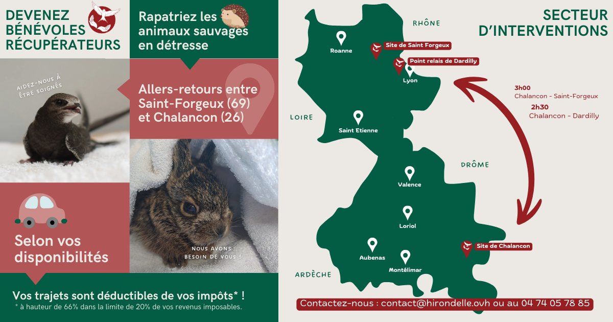 📣 APPEL À BÉNÉVOLES URGENT

Des animaux blessés 🦔 ont besoin d’être transportés entre nos centres de soins📍Saint-Forgeux (69) &amp; Chalancon (26) !

🚗 Vous êtes véhiculé(e) ? Comme Patrick ou Isabelle, rejoignez notre brigade d’ambulanciers 🦉

 + d'info 👉contact@hirondelle.ovh