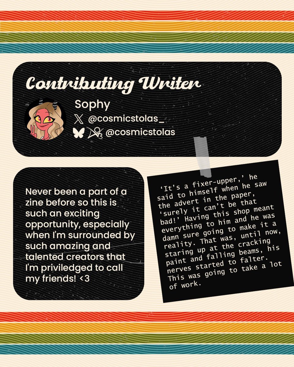 CONTRIBUTOR SPOTLIGHT 💫🌈

Also contributing to the zine is certified yapper and producer, aka me @cosmicstolas_! 

Keep following to see more of our amazing contributors! Not long left until our lineup is complete 👀

#HellinTechnicolorZine #HelluvaBoss