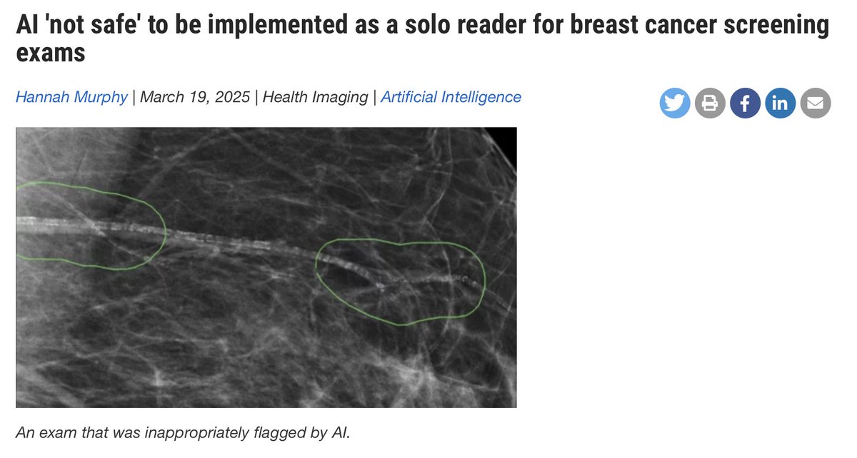 AI Deemed Unsafe for Independent Breast Cancer Screening in Study of ~10,000 Mammograms: loom.ly/Sn4mQuI

➡️ AI did not detect any cancers that radiologists missed. 
➡️ AI missed 8 cancers that radiologists correctly identified. 
➡️ AI flagged over 1,000 false-positive
