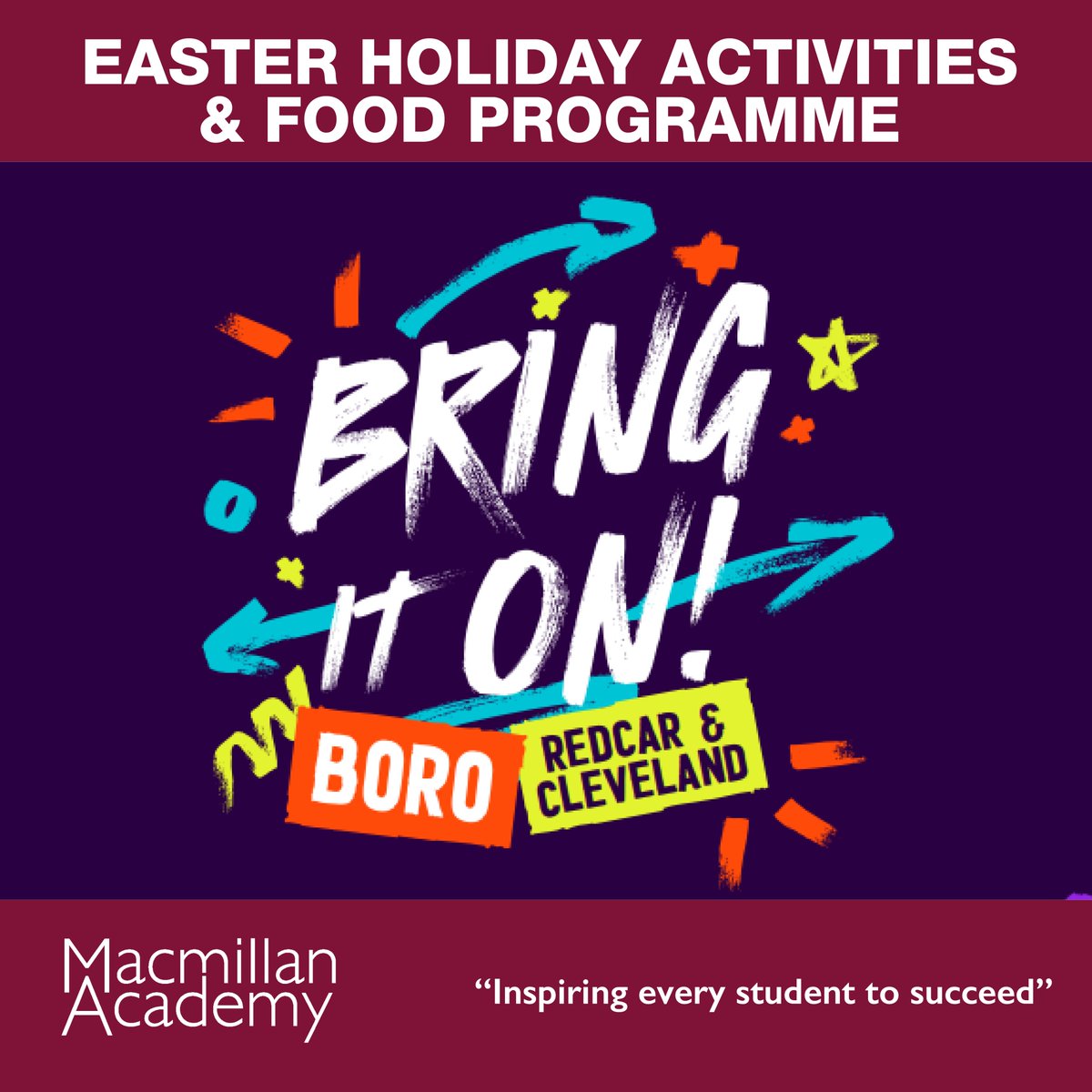 macmillanschool's tweet photo. The booking site for the Easter delivery of the Holiday Activities &amp; Food Programme is now live – Bring It On! For more information visit: https://t.co/OeF37rseex
Please note this is not an event arranged by the academy. This is for information purposes only. https://t.co/yHPDuDqNuk