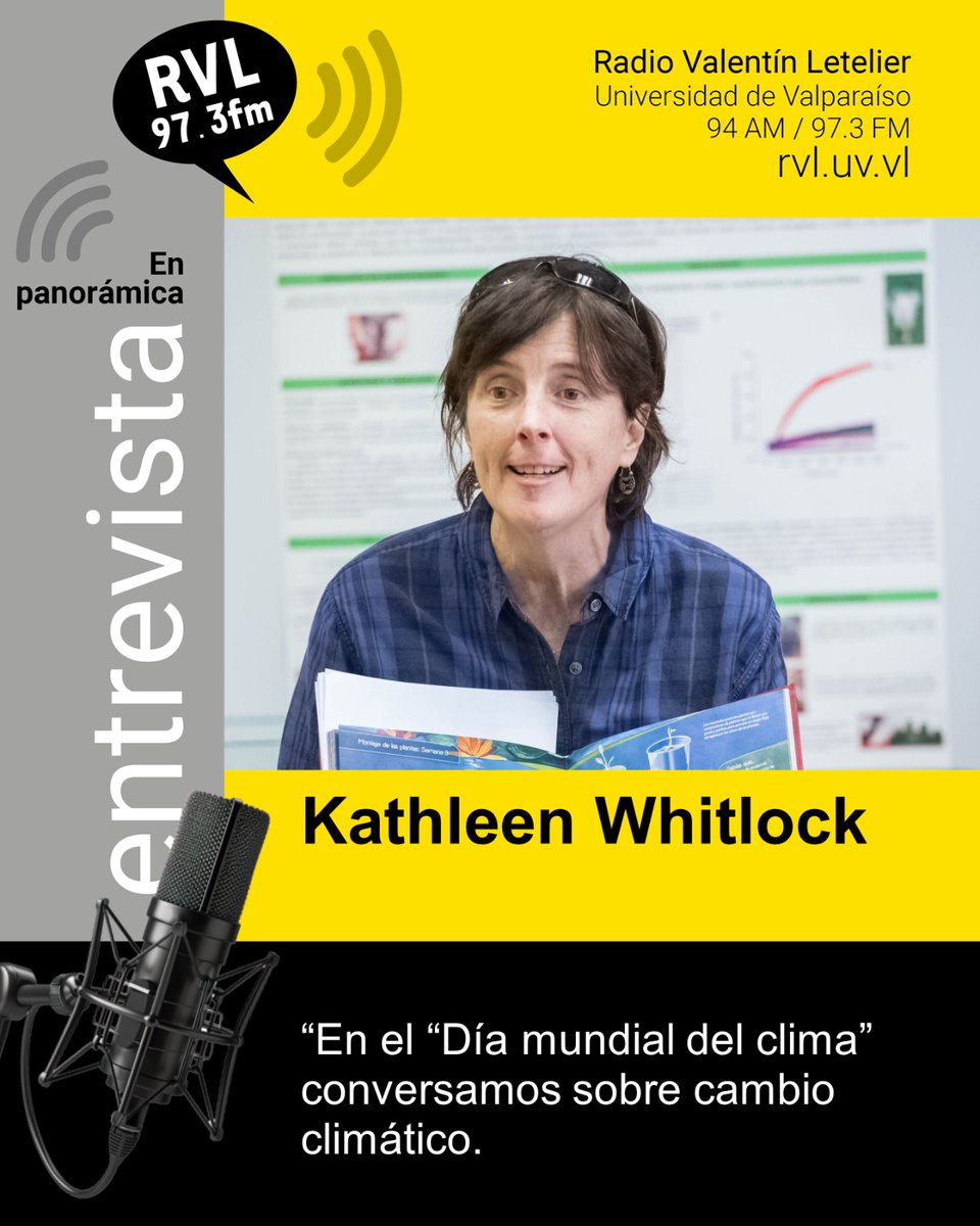 👀No te pierdas la entrevista a la Dra. Kathleen Whitlock, académica e investigadora de la <a href="/uvalpochile/">Universidad de Valparaíso</a>  y del CINV, en el programa "En Panorámica" de <a href="/rvletelier/">Radio Valentín Letelier</a>, en el contexto del #díamundialdelclima.🌎

📻Hoy a las 16:00 hrs en el 97.3 FM o en la señal online de <a href="/rvletelier/">Radio Valentín Letelier</a>