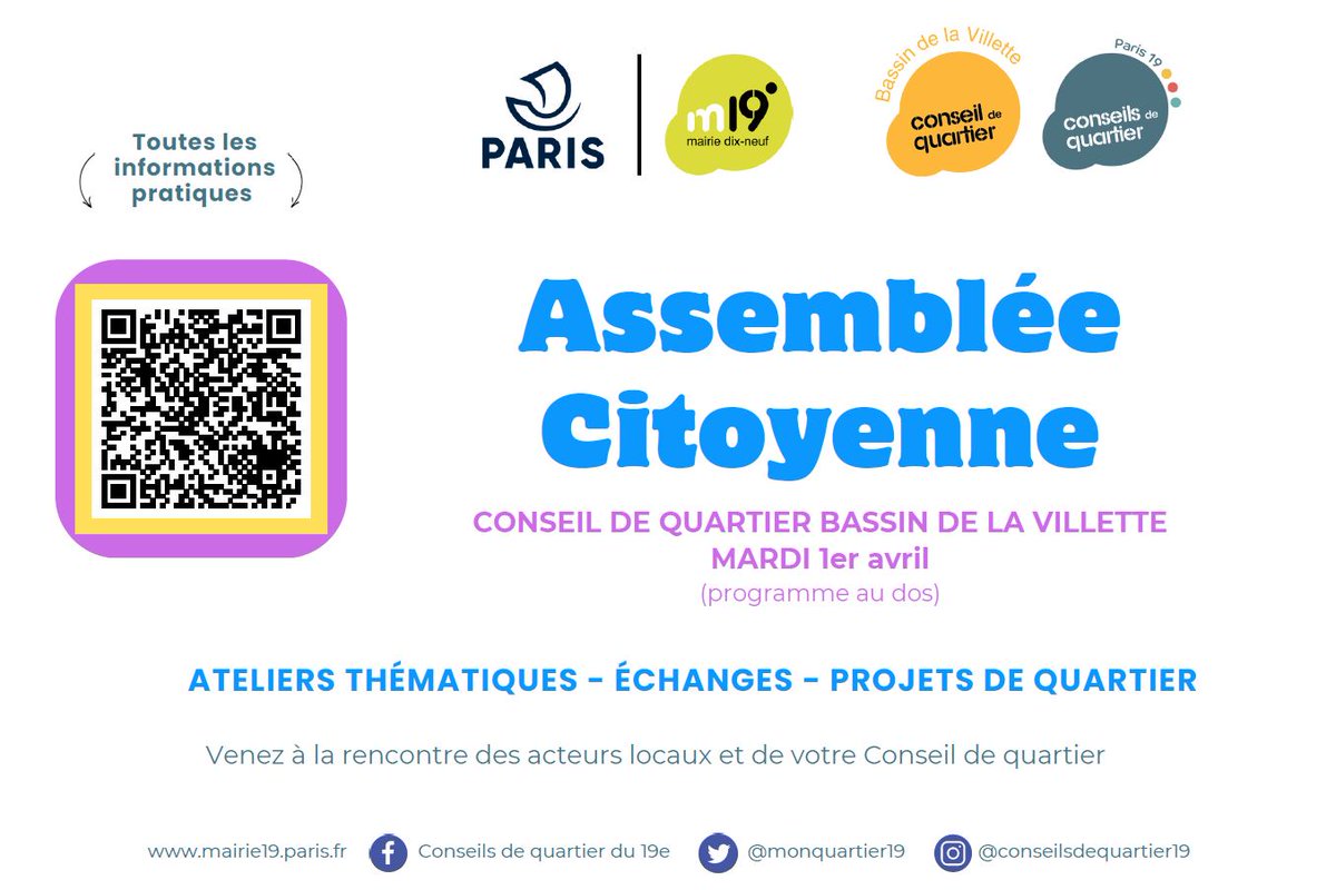 monquartier19's tweet image. Rendez-vous à l'assemblée citoyenne du conseil de quartier Bassin de la Villette, le mardi 1er avril !
Participez aux ateliers portant sur la fête de quartier et le projet de micro-trottoir 🎙
#participationCitoyenne
#BassinDeLaVillette
#ConseilDeQuartier