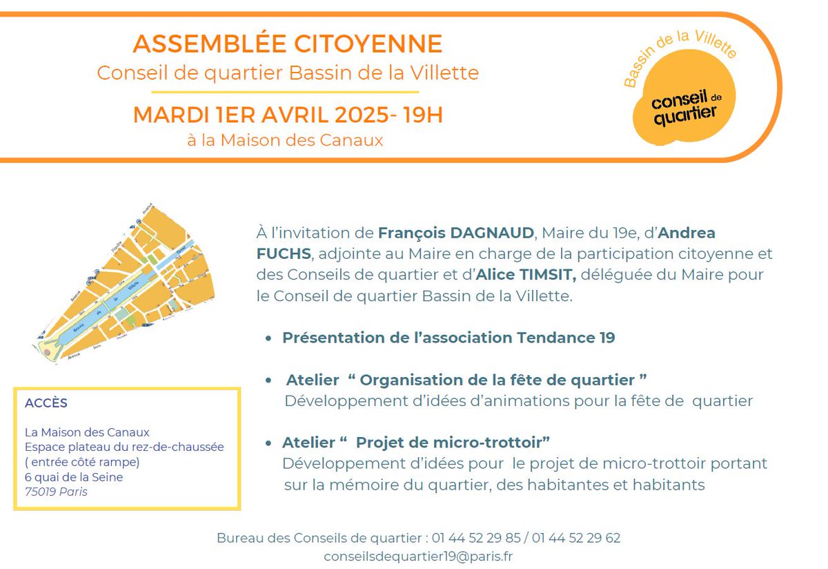 monquartier19's tweet image. Rendez-vous à l'assemblée citoyenne du conseil de quartier Bassin de la Villette, le mardi 1er avril !
Participez aux ateliers portant sur la fête de quartier et le projet de micro-trottoir 🎙
#participationCitoyenne
#BassinDeLaVillette
#ConseilDeQuartier