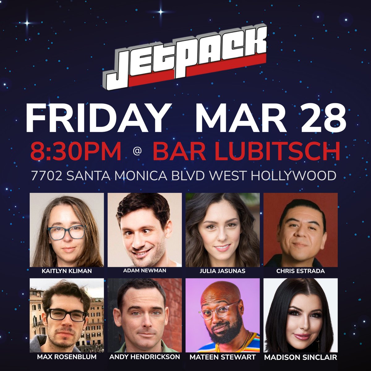 Jetpack Comedy (@jetpackcomedy) on Twitter photo Friday Friday Fridaaaay!
LA's finest indie standup show is at <a href="/BarLubitsch/">Bar Lubitsch</a>.
<a href="/Adam_Newman/">Adam Newman</a> @juliajasunas @chrisestrada85 <a href="/MrMaxRose/">Max Rosenblum</a> @AndyHendrickson <a href="/MateenStewart/">Mateen Stewart</a> <a href="/thecomedybureau/">Comedy Bureau</a>
Get tickets: jetbook.co/e/jetpack-come… Friday Friday Fridaaaay!
LA's finest indie standup show is at <a href="/BarLubitsch/">Bar Lubitsch</a>.
<a href="/Adam_Newman/">Adam Newman</a> @juliajasunas @chrisestrada85 <a href="/MrMaxRose/">Max Rosenblum</a> @AndyHendrickson <a href="/MateenStewart/">Mateen Stewart</a> <a href="/thecomedybureau/">Comedy Bureau</a>
Get tickets: jetbook.co/e/jetpack-come…