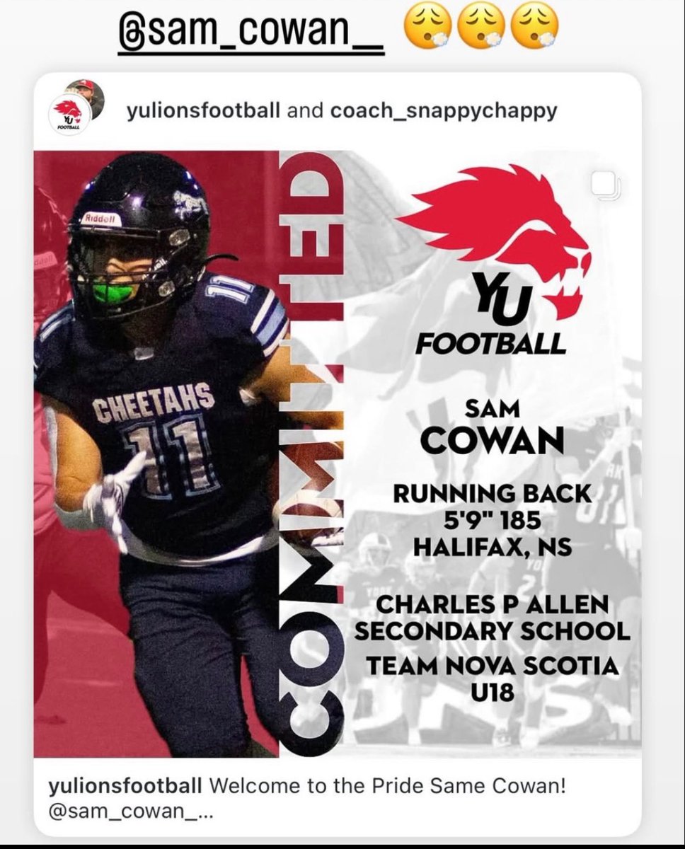 Congrats to Cheetahs Forward Sam Cowan on his commitment to York University Football program.