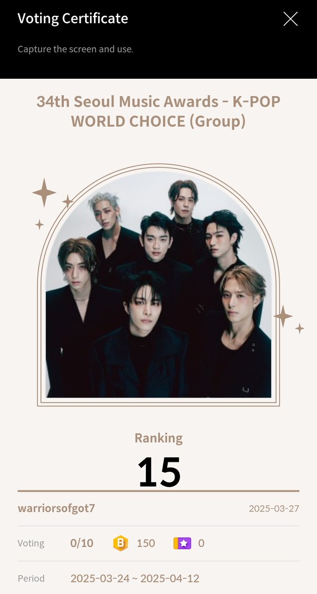 got7_warriors's tweet photo. 🗳️ 34th SEOUL MUSIC AWARDS (SMA) 

Phoenixes, time to PHOENIX mode ON
We will focus on K-POP WORLD CHOICE Group category on each app (Fandom Chart, my1pick, K-pop Seoul)
Please be guided accordingly.
Let's go vote and Let's get it 🔥🔥🔥

#GOT7 @GOT7 @GOT7Official #갓세븐 https://t.co/epVQRk1Sts