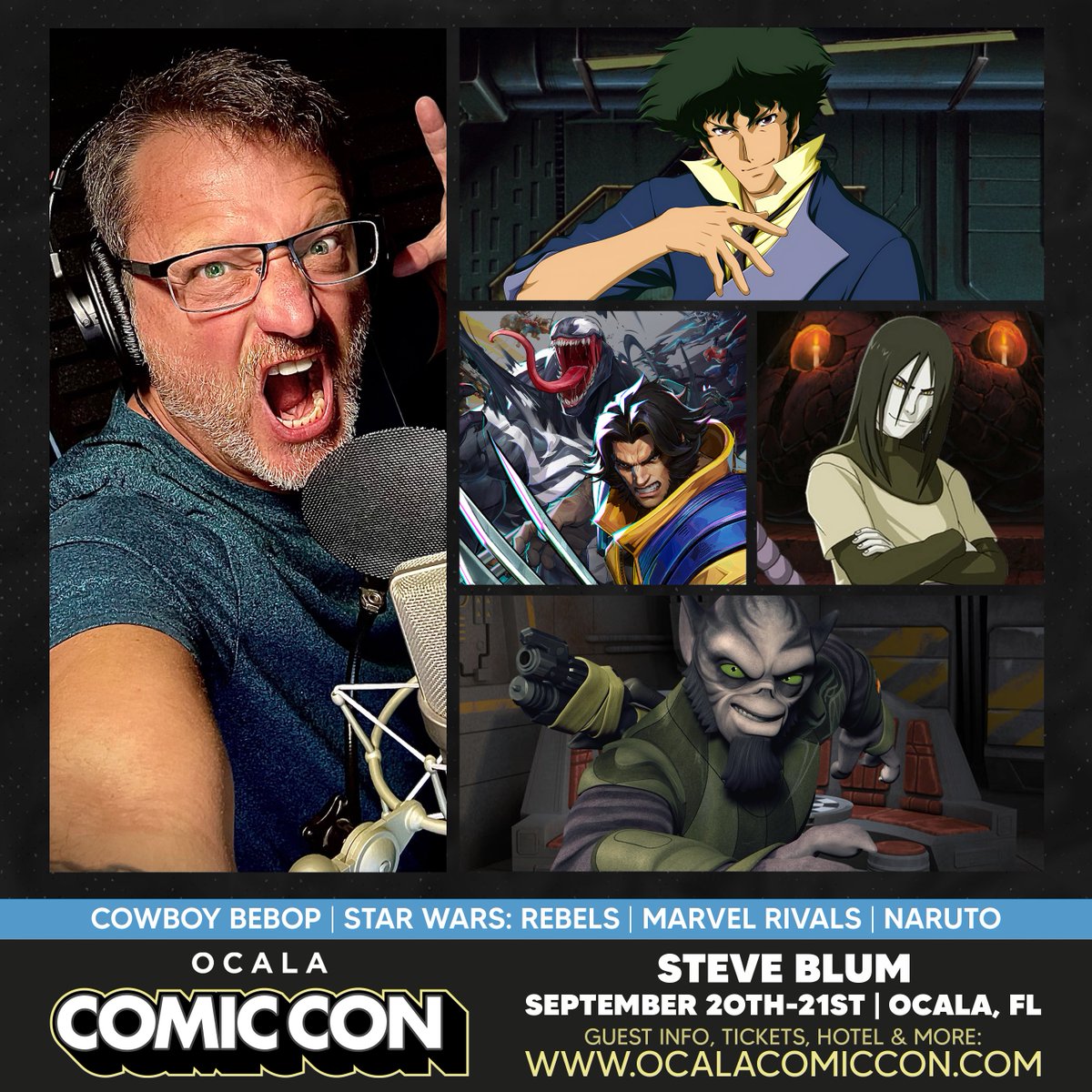 Steve Blum will be a guest at the September 20-21, 2025 Ocala Comic Con in Ocala, Florida!

Known for his roles as Spike Spiegel on #CowboyBebop, Zeb Orrelios on #StarWarsRebels / #TheMandalorian, Orochimaru on #Naruto, and most recently as Wolverine &amp; Venom on #MarvelRivals.