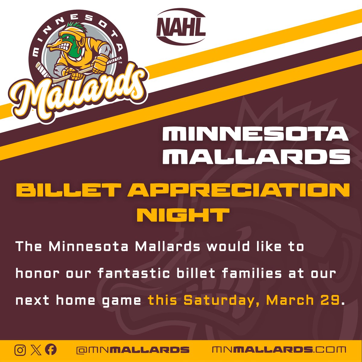 Join us for Billet Appreciation Night this Saturday, March 29, as we celebrate the amazing families who open their homes and hearts to our players! #MallardsHockey