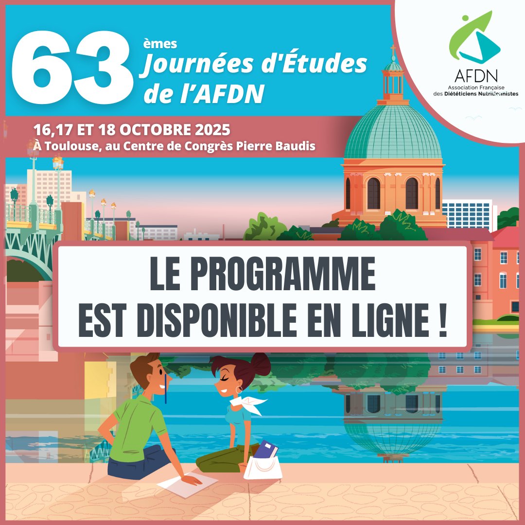 📣 𝐏𝐑𝐎𝐆𝐑𝐀𝐌𝐌𝐄 𝐃𝐄𝐒 𝐉𝐎𝐔𝐑𝐍𝐄́𝐄𝐒 𝐃'𝐄́𝐓𝐔𝐃𝐄𝐒 𝟐𝟎𝟐𝟓

Découvrez le programme de la 63ème édition des Journées d'Études de l’#AFDN!
Rendez-vous : du 16 au 18 octobre 2025, à Toulouse

Retrouvez le #programme complet sur notre site 👉🏼 afdn.org/page-journees-…