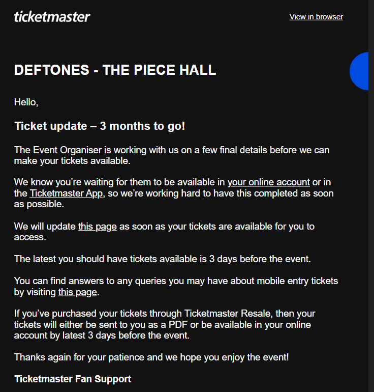 What Will Be (@whatwillbe_band) on Twitter photo Is this normal when you buy tickets from <a href="/TicketmasterUK/">ticketmasteruk</a> <a href="/ThePieceHall/">The Piece Hall</a> ?
Feel like they're suddenly not going to be available or they'll be a reason why they can't be released so they can be resold for a much higher price. Is this normal when you buy tickets from <a href="/TicketmasterUK/">ticketmasteruk</a> <a href="/ThePieceHall/">The Piece Hall</a> ?
Feel like they're suddenly not going to be available or they'll be a reason why they can't be released so they can be resold for a much higher price.