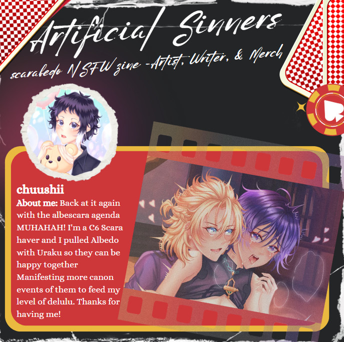 -Contributor spotlights- 
❤️ Meet chuushii ❤️
They're in both Artificial Lovers &amp; Sinners Vol. 2 (SFW &amp; NSFW Scarabedo) Zines. ☂️🌻