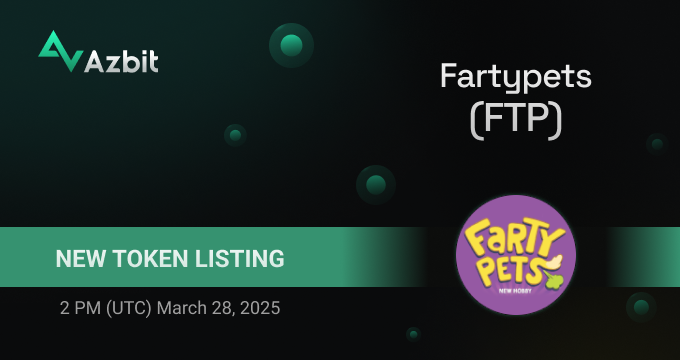azbit_news's tweet photo. Listing Alert: Fartypets (#FTP)
✅Deposits, trading and withdrawals will open at 2 PM (UTC) March 28, 2025.
Trading pair: FTP/USDT.
🚀 Congratulations to @FARTYPETSonSol team and welcome to https://t.co/3Oi5oRAJjB!
#Fartypets #community #memecoins #Solana https://t.co/i2CKlaWtu3