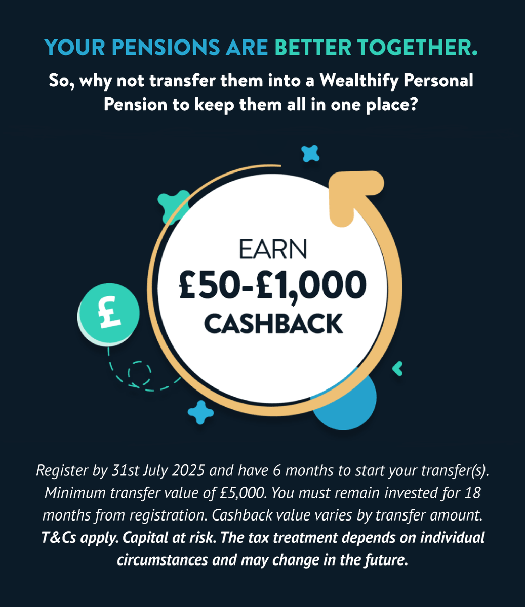 Have multiple workplace pensions that you forget you’ve paid into? Maybe this offer will jog your memory… 👀👇

Move your old pots into a Wealthify Personal Pension, and you could get £50-£1,000 in cashback (depending on how much you transfer)! 🤑

All you need to do is register
