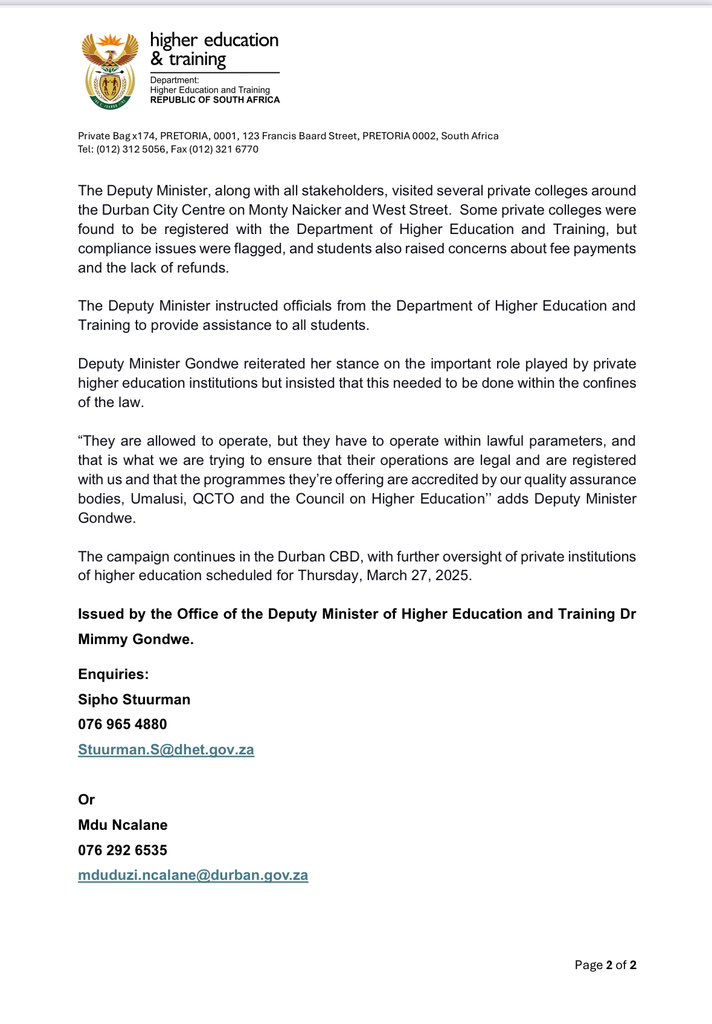 [MEDIA STATEMENT] Deputy Minister Dr Mimmy Gondwe leads multi-government campaign to clamp down on bogus colleges.  <a href="/HigherEduGovZA/">HigherEducationZA</a>