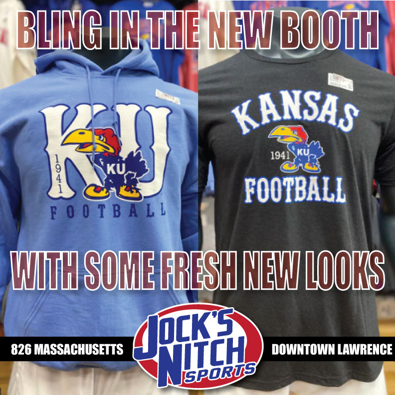 New football arrivals!

We take pride in our local, student, and alumni created designs.

Support local at 826 Mass St or online at jocksnitch.com

#kufootball #rockchalk #downtownlawrence