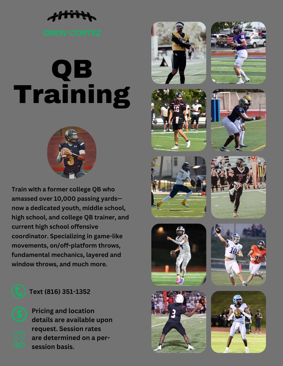 ❗️QB Training❗️

🏈 5th grade to College QBs

✅ Camp/Combine Prep

✅ 8+ years of QB coaching