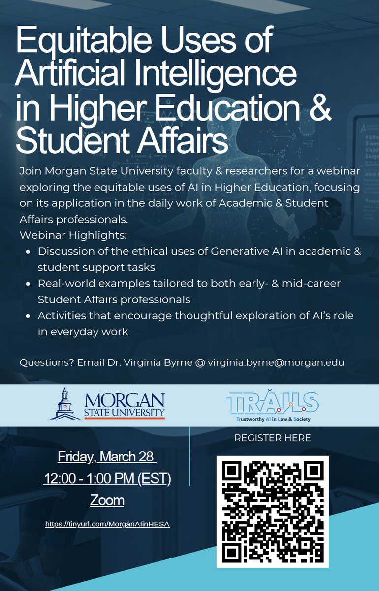 Calling all Higher Edu &amp; Student Affairs Pros!

Join our lunchtime webinar "Equitable Uses of #ArtificialIntelligence (#AI) in #HigherEducation &amp; #StudentAffairs" 
Friday, March 28 @ 12:00 PM (EST) | Zoom  
Register: tinyurl.com/MorganAIinHESA

<a href="/trails_ai/">TRAILS</a> <a href="/MorganStateU/">Morgan State University</a>