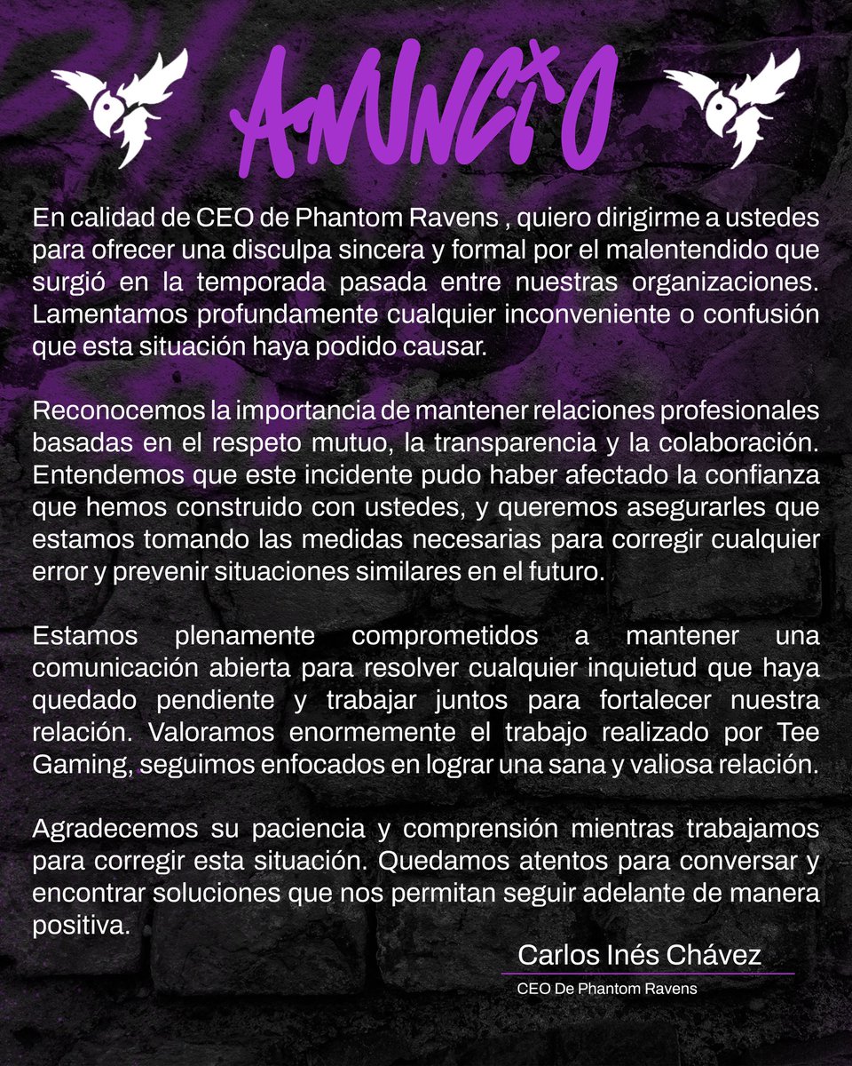 Comunicado oficial dirigido a <a href="/TeeGamingOrg/">Tee Gaming</a>
