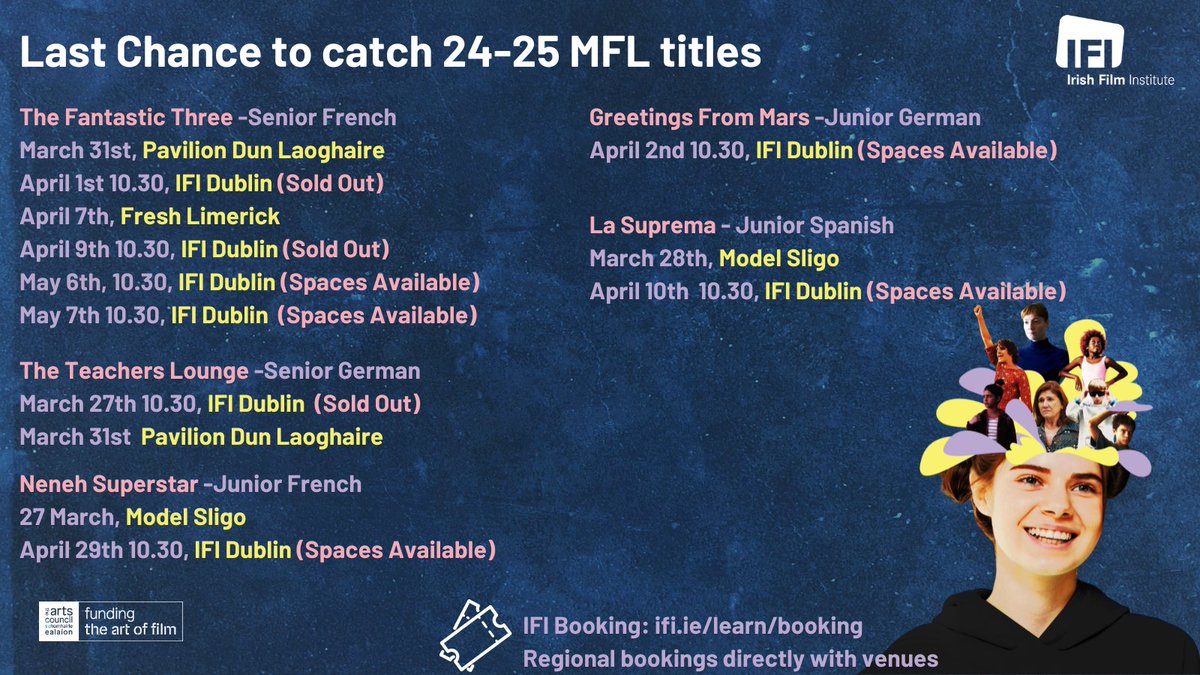 IFI Schools (@ifi_schools) on Twitter photo 🚨Last few chances approaching to catch our MFL titles in cinema this school year.
Upcoming screenings <a href="/IFI_Dub/">Irish Film Institute</a> <a href="/freshfilmie/">Fresh International Film Festival</a> <a href="/PavilionTheatre/">Pavilion Theatre</a> <a href="/modelsligo/">The Model Sligo</a>
You can still rent and stream MFL films to classroom on ifischools.ie 🚨Last few chances approaching to catch our MFL titles in cinema this school year.
Upcoming screenings <a href="/IFI_Dub/">Irish Film Institute</a> <a href="/freshfilmie/">Fresh International Film Festival</a> <a href="/PavilionTheatre/">Pavilion Theatre</a> <a href="/modelsligo/">The Model Sligo</a>
You can still rent and stream MFL films to classroom on ifischools.ie