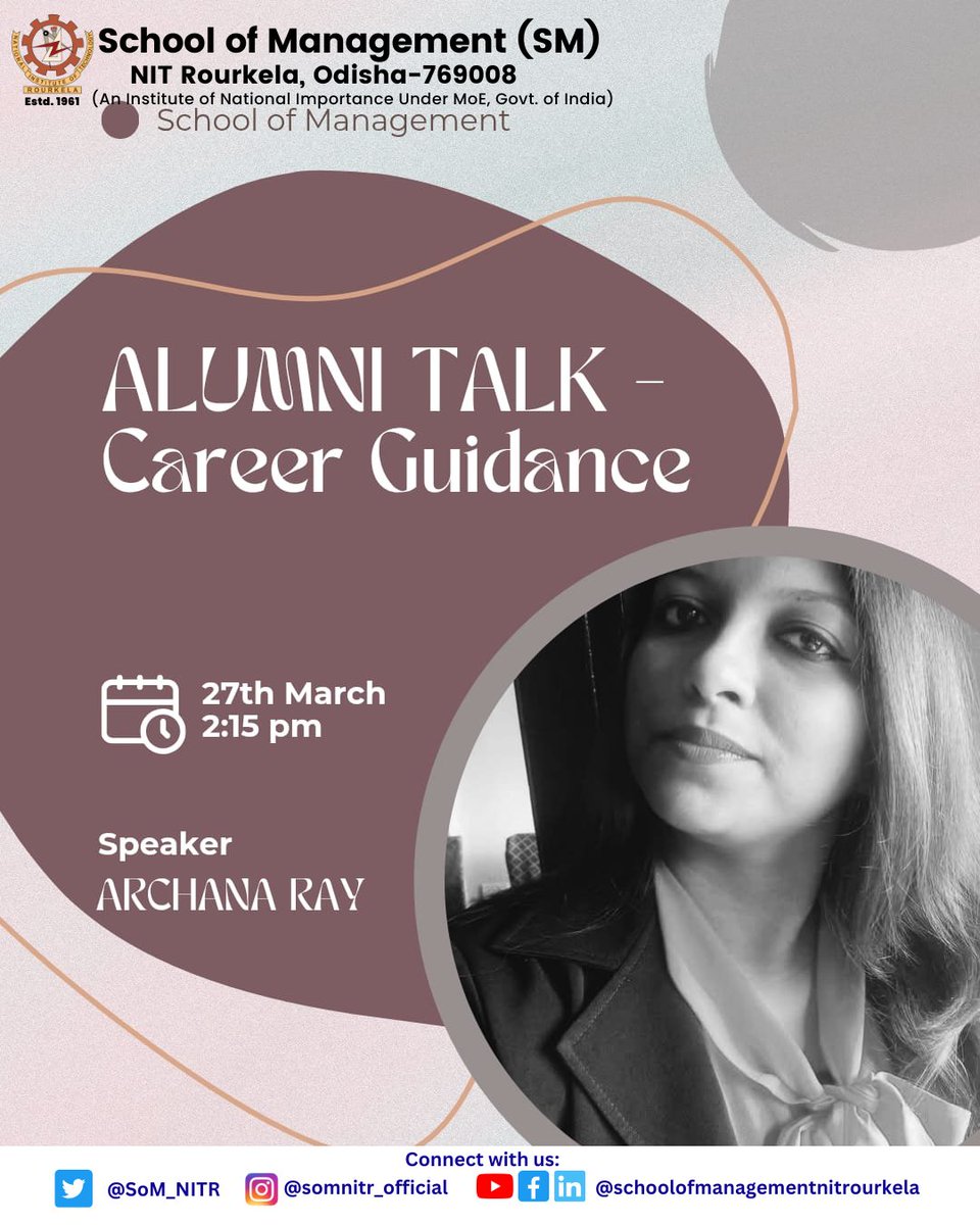 School of Management, NIT Rourkela (@som_nitr) on Twitter photo The <a href="/SoM_NITR/">School of Management, NIT Rourkela</a> is delighted to welcome Archana Ray, a distinguished alumna from the Batch of 2013, for an insightful Alumni Talk!
#AlumniTalk #NITRourkela #SchoolOfManagement #Leadership #CareerInsights #Networking #LearningFromLeaders #somnitr #mbainnitr The <a href="/SoM_NITR/">School of Management, NIT Rourkela</a> is delighted to welcome Archana Ray, a distinguished alumna from the Batch of 2013, for an insightful Alumni Talk!
#AlumniTalk #NITRourkela #SchoolOfManagement #Leadership #CareerInsights #Networking #LearningFromLeaders #somnitr #mbainnitr