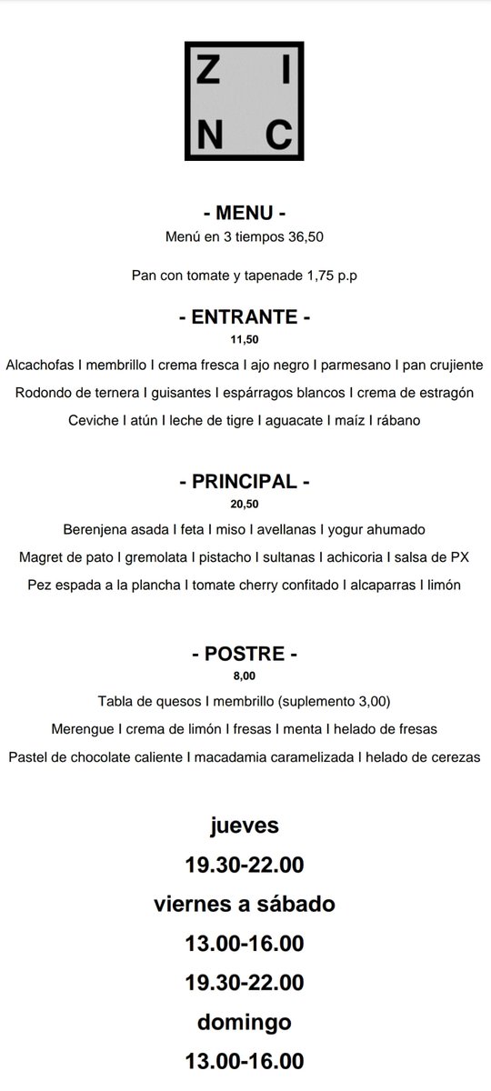 RestauranteZinc's tweet photo. Descubre el fantástico nuevo menú para las proximas 2 semanas.
Puedes realizar tu reserva llamando o WhatsApp al 68 68 05 188.
¡Te esperamos! https://t.co/IC80gdVfdF
#gastronomia  #mutxamel  #alicante #restaurante #Muchamiel https://t.co/OcnkBiYjKt