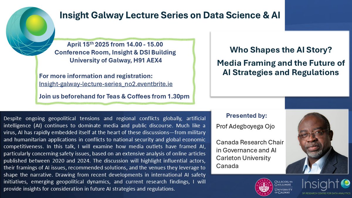 Join us on Tuesday 15th April at 2pm for an Insight Visitor talk by Prof Adegboyega Ojo  from Carleton University, Canada, as part of the Insight Galway Lecture Series on Data Science and AI. 
Details and registration here 
…lway-lecture-series_no2.eventbrite.ie