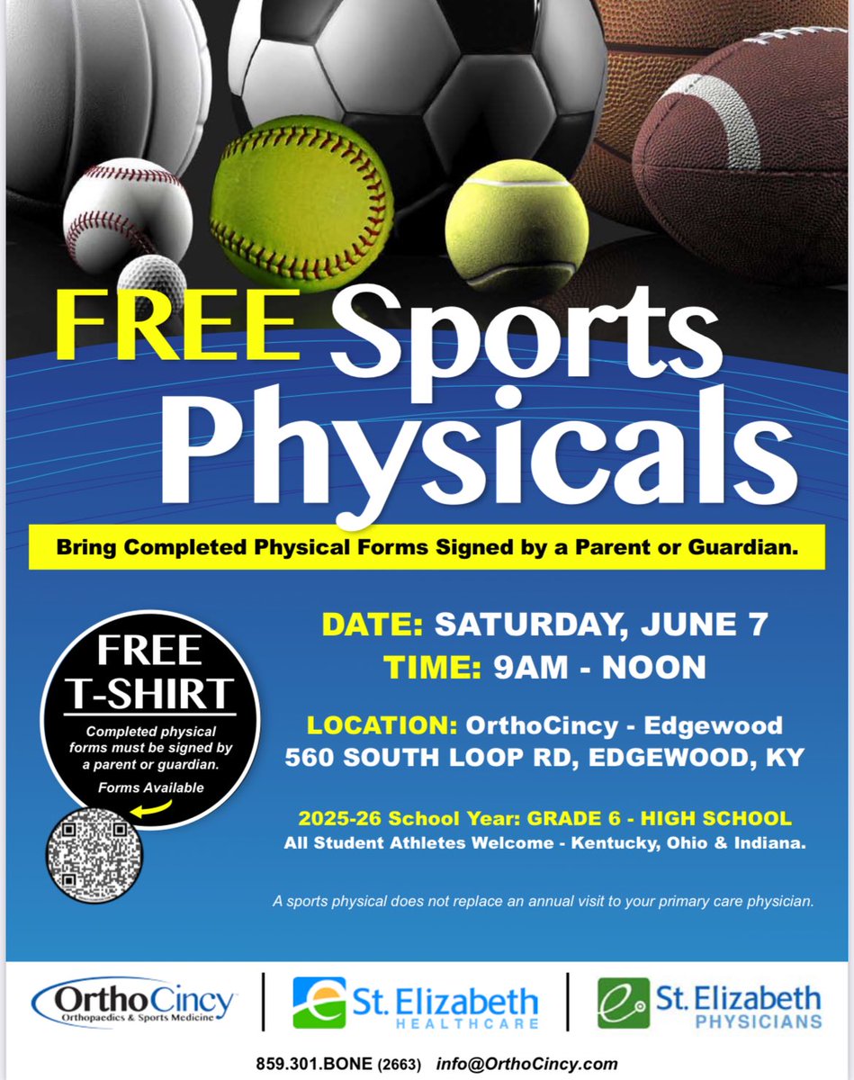 OrthoCincy &amp; St. Elizabeth are happy to announce this year’s date for our FREE SPORTS PHYSICALS! Our Kentucky day will be held at the EDGEWOOD OFFICE (560 South Loop Rd. Edgewood, KY 41017) on SAT, JUNE 7th from 9 a.m. – 12 p.m.