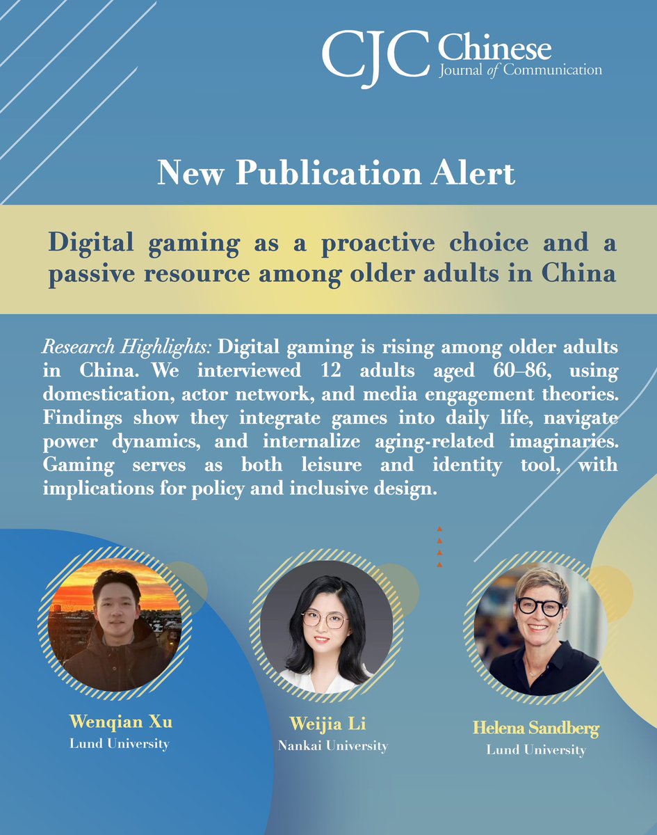 Wenqian Xu, Weijia Li and Helena Sandberg examine digital gaming among older adults in China. Findings show they integrate games into daily life, navigate power dynamics, and internalize aging-related imaginaries.

Read here: doi.org/10.1080/175447…