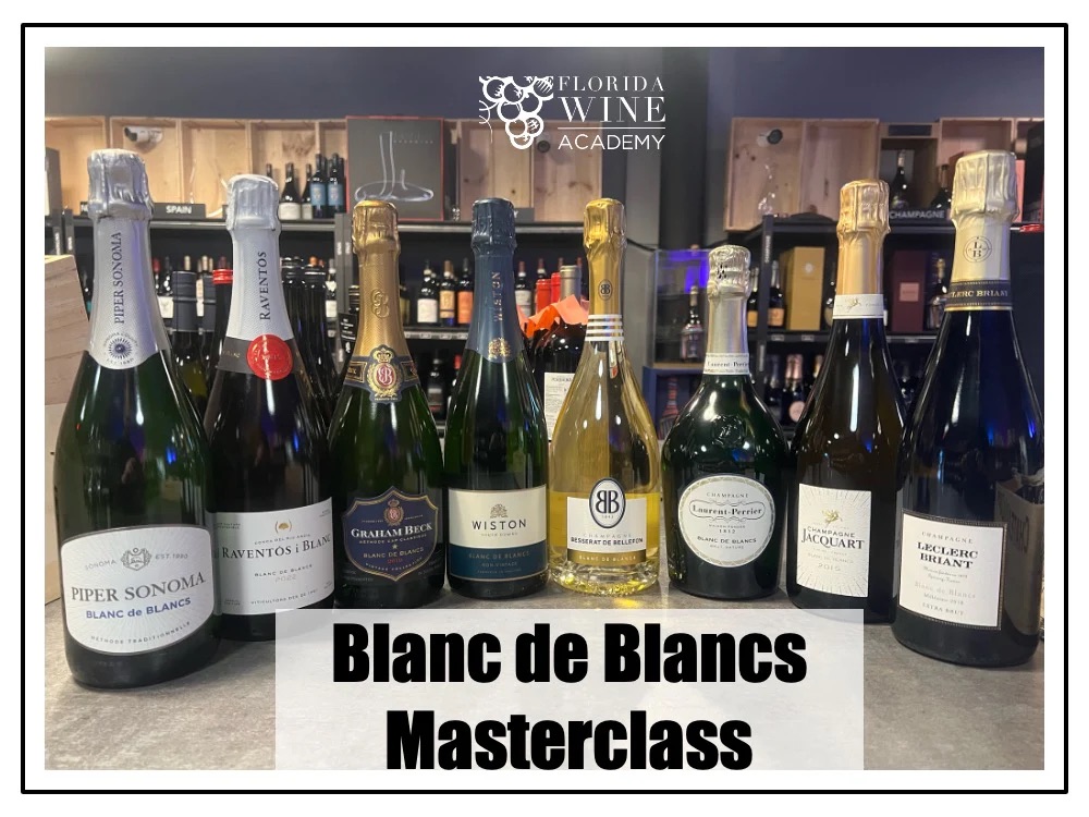 Join us on April 24 for a Blanc de Blancs Masterclass.
We’ll taste 8 Blanc de Blancs from California, Spain, South Africa, England, and Champagne—exploring how terroir, winemaking and aging shape these elegant wines.
Book now at floridawineacademy.com