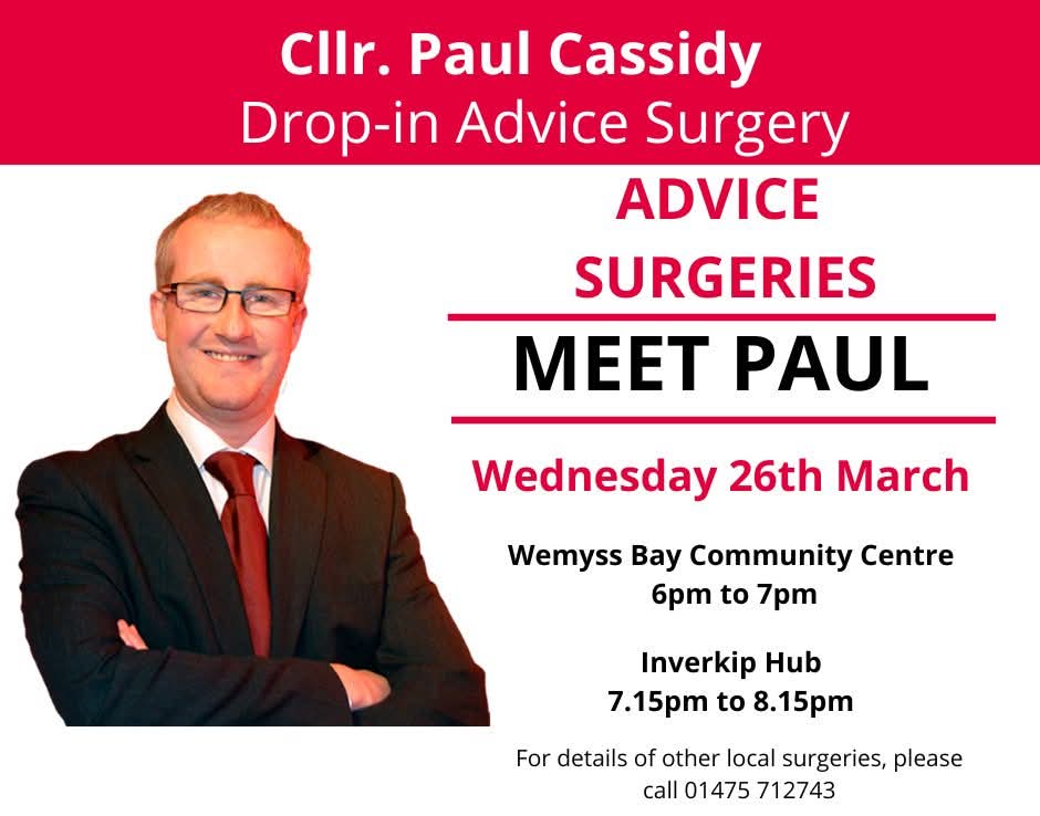 Cllr Paul Cassidy (@pcassidy29) on Twitter photo I'm holding my advice surgeries tonight in Wemyss Bay Community Centre & <a href="/inverkiphub/">Inverkip hub</a>. Come along if you have any issues you would like to raise.
See below for full details 👇 I'm holding my advice surgeries tonight in Wemyss Bay Community Centre & <a href="/inverkiphub/">Inverkip hub</a>. Come along if you have any issues you would like to raise.
See below for full details 👇