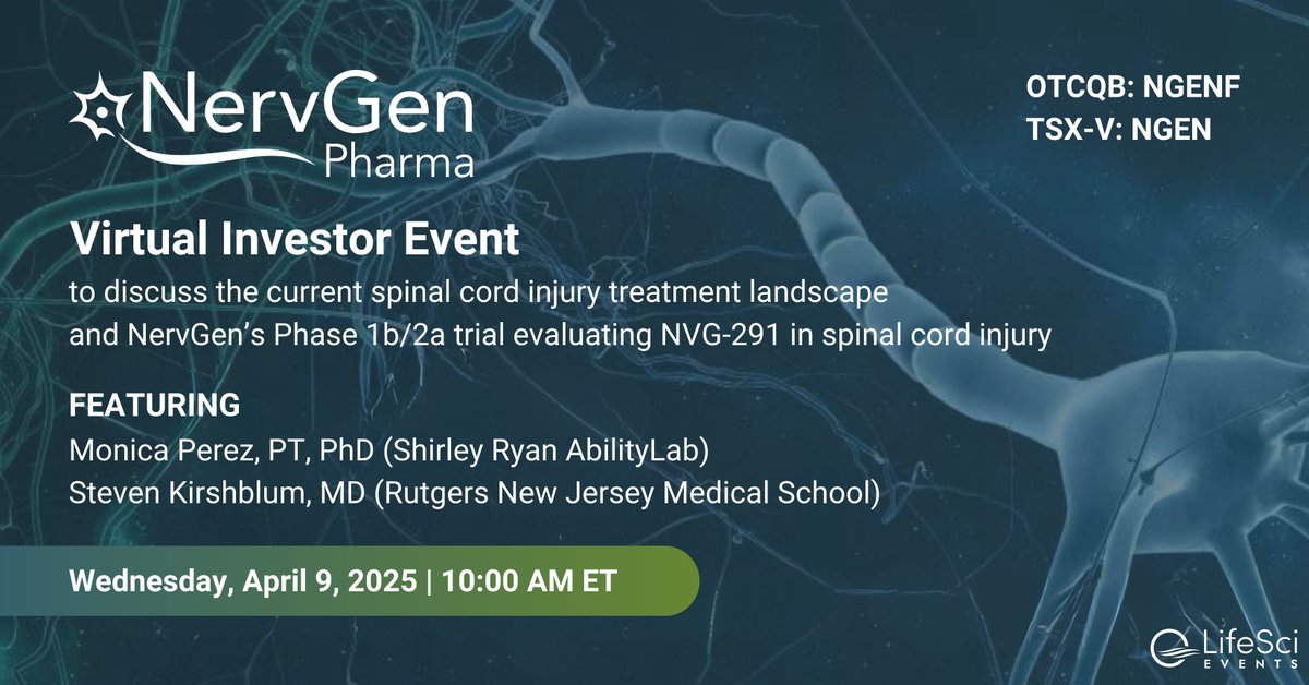 LifeSci Advisors (@lifesciadvisors) on Twitter photo Join <a href="/NervgenP/">NervGen Pharma Corp.</a> $NGEN $NGENF management for a virtual investor event on Apr. 9 at 10:00am ET with Drs. Monica Perez & Steven Kirshblum, who’ll discuss the unmet medical need and current treatment landscape for individuals with spinal cord injury.
Register: bit.ly/42o06qD Join <a href="/NervgenP/">NervGen Pharma Corp.</a> $NGEN $NGENF management for a virtual investor event on Apr. 9 at 10:00am ET with Drs. Monica Perez & Steven Kirshblum, who’ll discuss the unmet medical need and current treatment landscape for individuals with spinal cord injury.
Register: bit.ly/42o06qD