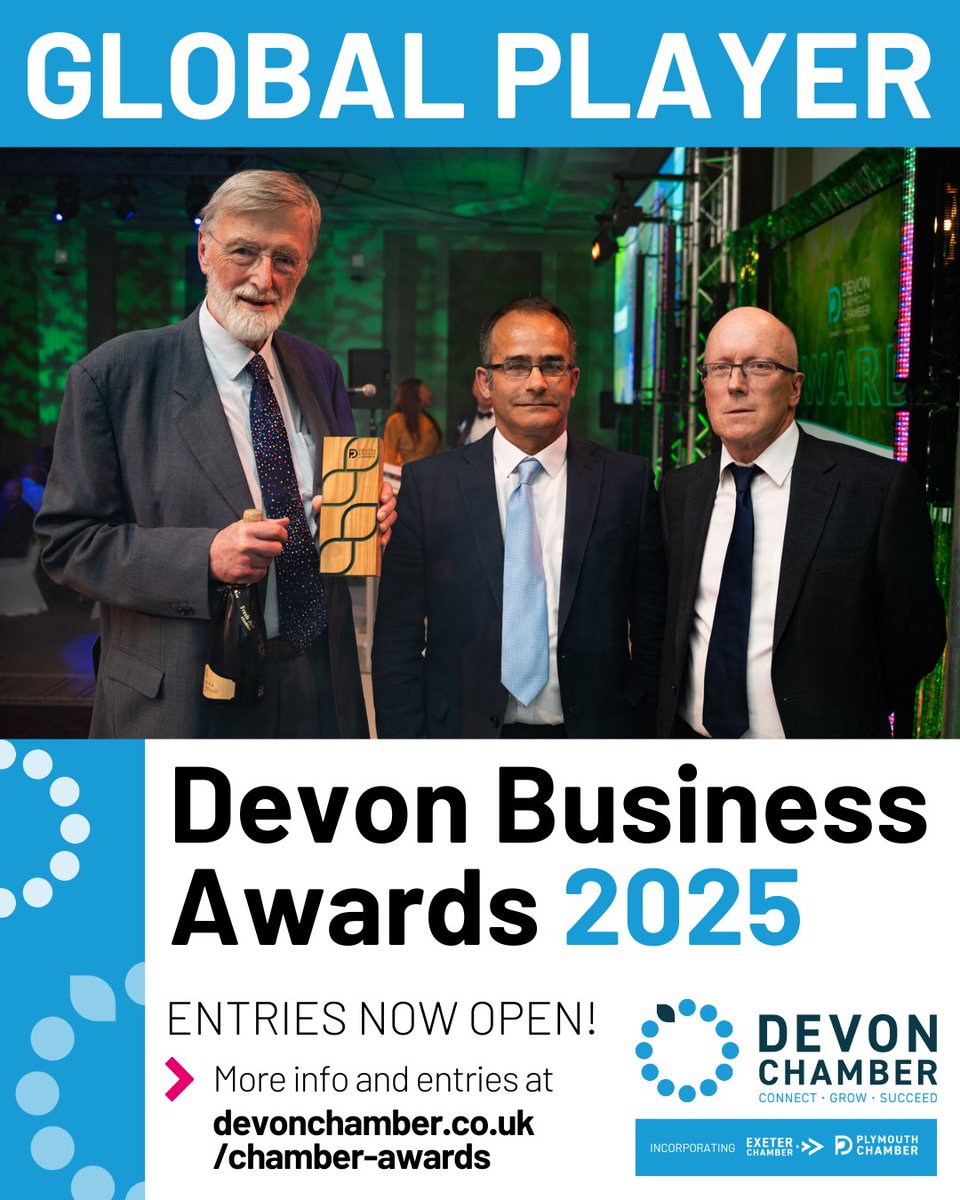 Our Global Britain Award is for a business that demonstrates significant and sustained international growth or facilitated trade through a clear understanding of overseas markets, proving borders are not a barrier to trade 🌍

Enter at devonchamber.co.uk/chamber-awards 🌐

#DevonBizAwards