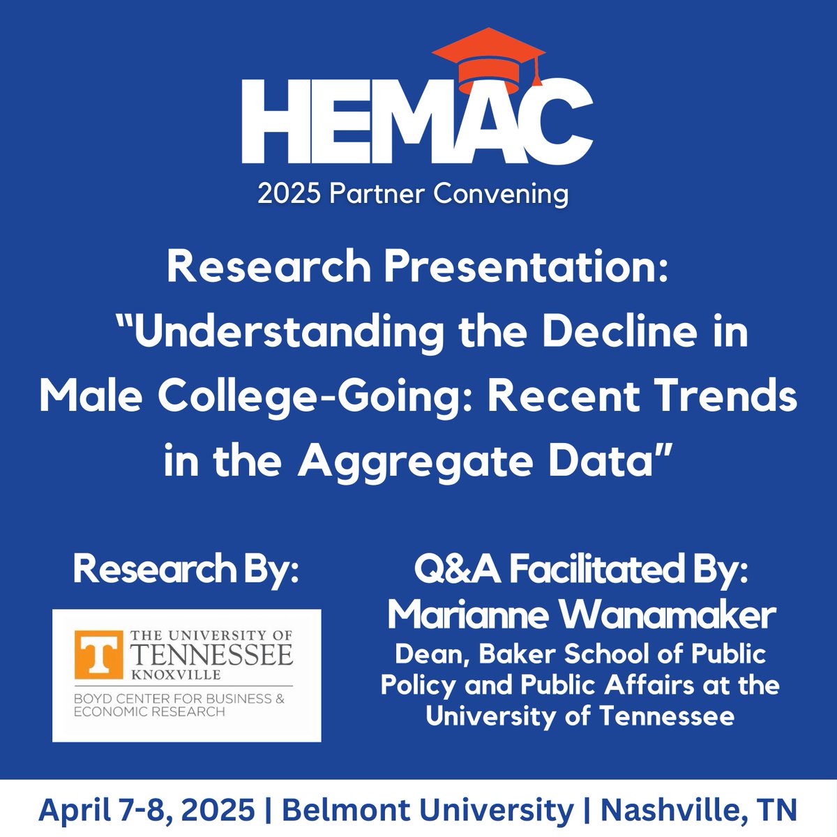 At the HEMAC Partner Convening, we'll take a close look at new research from <a href="/UTBoydCenter/">UT Boyd Center for Business & Economic Research</a> at <a href="/UTKnoxville/">UT Knoxville</a> on the decline in young men going to college. Following their presentation, Marianne Wanamaker, Dean of <a href="/UTBakerSchool/">Baker School of Public Policy and Public Affairs</a>, will facilitate a Q&amp;A with the Boyd Center team.