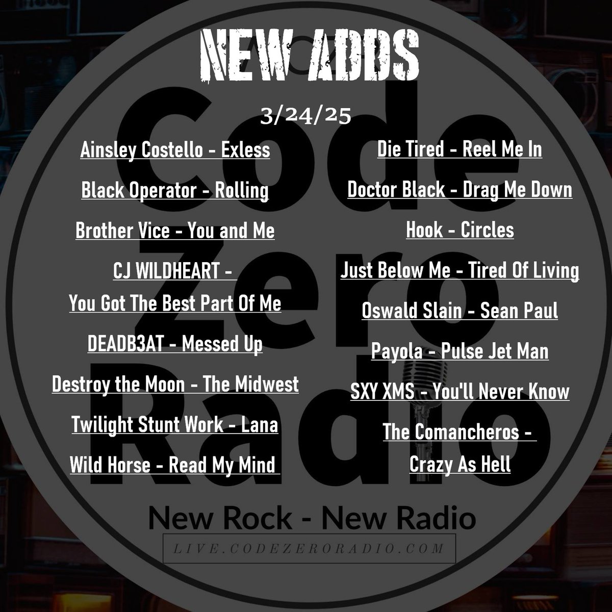 You made it! Halfway thru the week and still no arrests! Celebrate your self control with shiny new music on Fresh Rocks...
Monday thru Friday 1 pm CST/ 2 pm EST - 11 am PST - 7 pm London - 8 pm Berlin - 7 pm Tokyo - 9 pm Sydney Tuesday thru Saturday!
codezeroradio.com