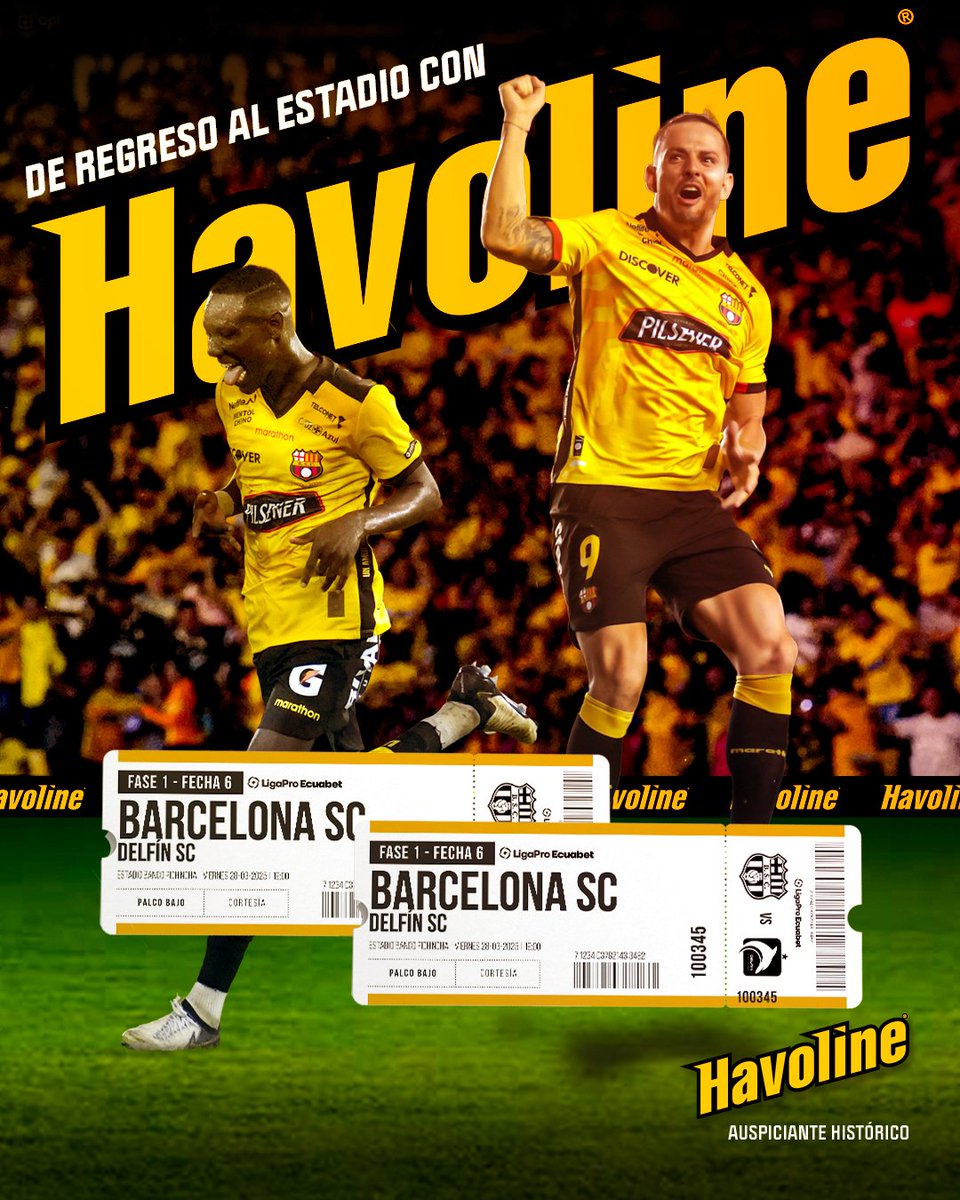 havolinedeport's tweet photo. 🏟️ ¡AL ESTADIO CON HAVOLINE! 🙌

Cumple los siguientes pasos:
• Síguenos en nuestras redes sociales.
• Dale RT 
• Menciona a tu acompañante.

Y eso es todo ✅

¡Ya estás participando por entradas para alentar a #BarcelonaSC en su partido ante #Delfín! https://t.co/Colxlj0CrJ