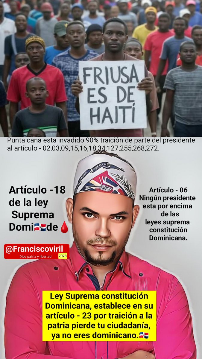 Es muy importante aplicar la ley suprema por traición a la patria🇩🇴🩸 empezando por el presidente, luego por la suprema corte se justicia, luego a la ONG, luego por los comunicadores,  luego la junta central electoral, luego las fuerzas castrenses. <a href="/CarmenO26657205/">Carmen Orozco</a> <a href="/NoFueGaby/">Gaby</a>