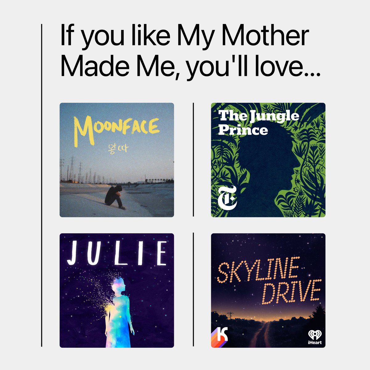 .<a href="/radiotopia/">Radiotopia</a>’s My Mother Made Me, our March Series Essential, shines a beautiful spotlight on writer <a href="/JasonReynolds83/">Jason Reynolds News</a> and his mom.

If you’re looking for your next podcast that centers emotion-filled family dynamics, these four shows are waiting for you to hit play. 🧵