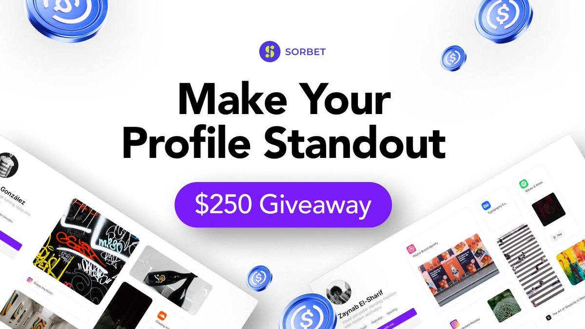 🚨 $250 USDC Giveaway 🚨

To celebrate the launch of Sorbet Profiles, we’re giving back to the community — and rewarding  the BEST-LOOKING Profiles ✨

Here’s how to enter (and win):👇

🏆 Prizes
— 1st: $100
— 2nd: $50
— 3rd: $25
— 15 winners of $5

How to Enter 👇

1️⃣ Like, RT