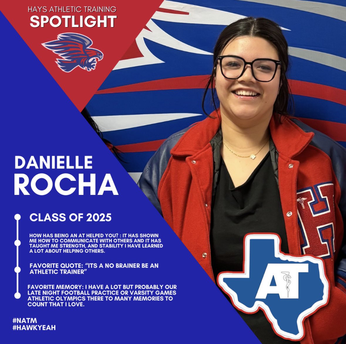 HHS_AthTraining's tweet image. NATM senior spotlight for today is Danielle Rocha. Danielle has been working hard for us for 2 whole years! She also does the hair salon and will soon be making everyone feel lovely after graduation! #athletictraining #NATM #hawkyeah