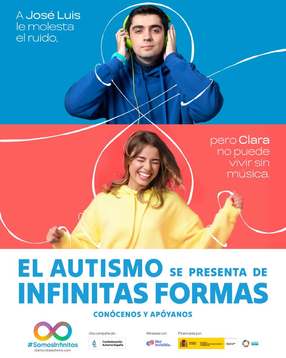 🤫 José Luis usa cascos con cancelación de ruido y necesita silencio y tranquilidad para regularse.
🎧 Clara necesita todo lo contrario: la música le estimula y no puede vivir sin ella.

¡El #autismo se presenta de infinitas formas!

💙Conócenos y apóyanos #DíaMundialAutismo