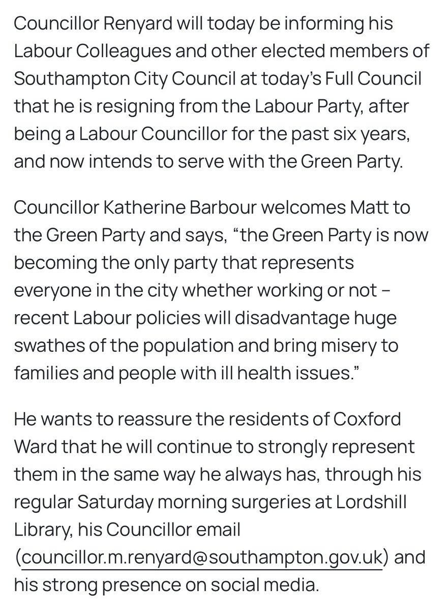 Welcome to the party Cllr Renyard! 

‘Latest defection to Green Party sees local leading Councillor leave Labour Party “broken-hearted” ‘ 

southampton.greenparty.org.uk/2025/03/26/lat…