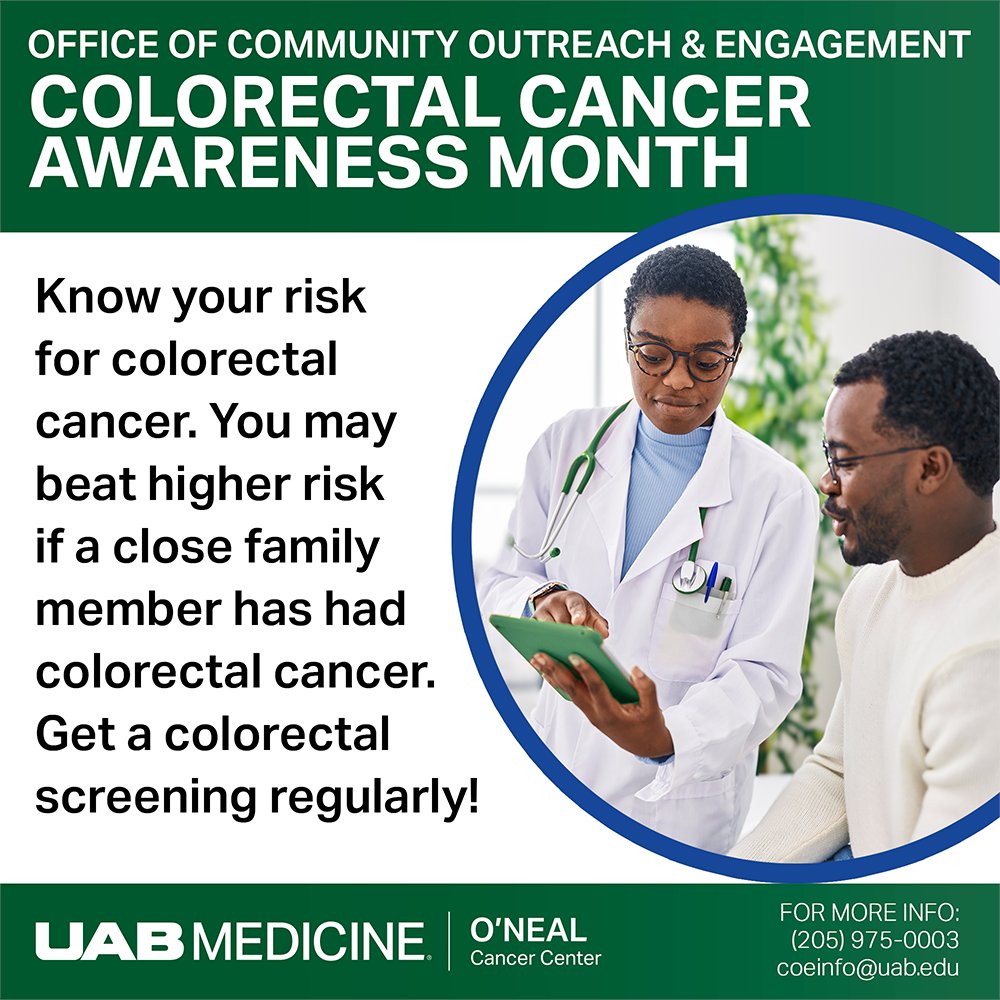 UAB O'Neal Comprehensive Cancer Center (@onealcanceruab) on Twitter photo If you have a family history of colorectal cancer, you may be at greater risk of colorectal cancer. Talk with your doctor about what testing options are right for you.Ā For more information, call (205) 975-0003 or emailĀ coeinfo@uab.edu.
#cancerscreening #colorectalcancerawareness If you have a family history of colorectal cancer, you may be at greater risk of colorectal cancer. Talk with your doctor about what testing options are right for you.Ā For more information, call (205) 975-0003 or emailĀ coeinfo@uab.edu.
#cancerscreening #colorectalcancerawareness