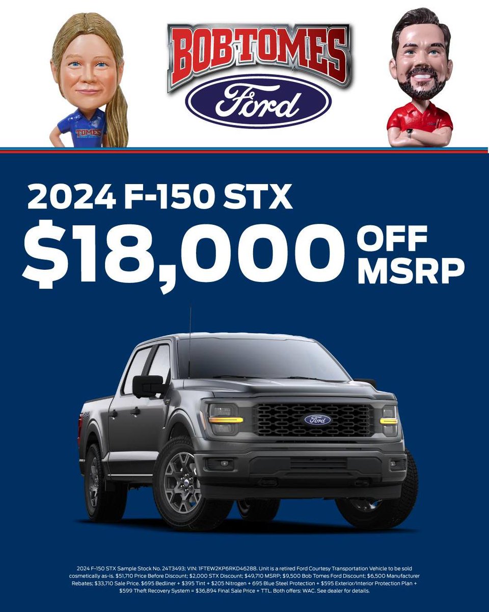 💥 TRUCK MONTH FRENZY 💥
The savings keep on coming! Now through March 31st, get $18,000 OFF MSRP on a 2024 F-150 STX when you shop Bob Tomes Ford! Come see us today! #BobTomesFord #TomesPromise #TexasFord #BuiltFordProud #TruckMonth