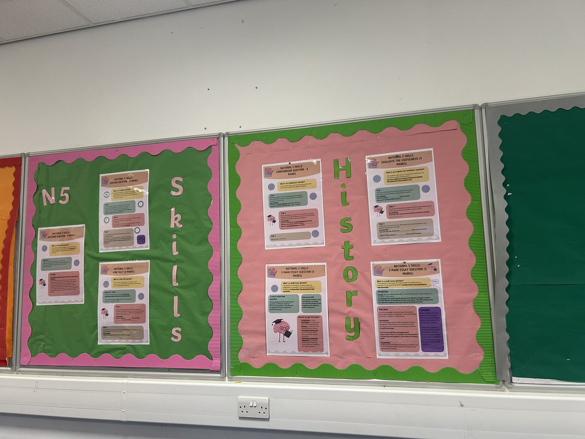 Miss_Scullion's tweet photo. I have been busy creating a new wall display with newly created posters outlining the steps to answer National 5 exam questions. 🤓📚 @HumanitiesGHS @GrangemouthHS https://t.co/FNz2bXoSxW